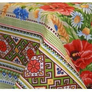 Poppy Printed Floral and Geometric Patterned Linen Tablecloth 78"x60"